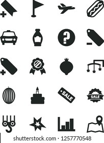 Solid Black Vector Icon Set - add bookmark vector, label, remove, pennant, negative histogram, question, toys over the cot, winch hook, car, Hot Dog, birthday cake, bottle, medlar, melon, bang, map