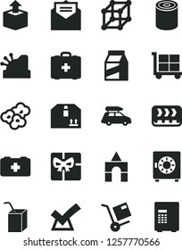 Solid Black Vector Icon Set - cargo trolley vector, bag of a paramedic, medical, packing juice with straw, box bricks, received letter, strongbox, cardboard, package, shipment, unpacking, tin, safe