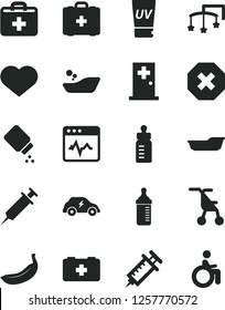 Solid Black Vector Icon Set - heart symbol vector, mark of injury, first aid kit, toys over the cot, feeding bottle, measuring for, baby powder, sitting stroller, children's bathroom, bath, medical