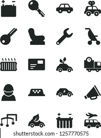 Solid Black Vector Icon Set - horn vector, toys over the cot, Baby chair, summer stroller, motor vehicle, present, key, pass card, delivery, accumulator, battery, racer, eco car, electric, repair