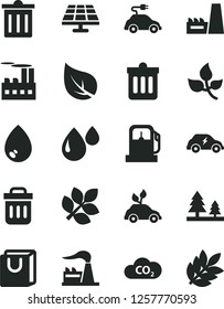 Solid Black Vector Icon Set - bin vector, dust, drop, bag with handles, solar panel, leaves, leaf, gas station, factory, forest, industrial building, thermal power plant, electric car, CO2, trash