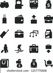 Solid Black Vector Icon Set - toys over the cot vector, portfolio, case, suitcase, bag with handles, package, a glass of tea, wallet, purse, dollars, money hand, backpacker, passenger, rolling