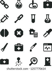 Solid Black Vector Icon Set - mark of injury vector, spectacles, first aid kit, electronic thermometer e, bag a paramedic, medical, arm saw, estimate, cardiogram, round flask, mercury, test tube