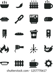 Solid Black Vector Icon Set - electronic thermometer vector e, radiator, new, boiler, coffee, sausage, loaf, mini hot dog, noodles, pie, porridge, chili, cup of tea, coffe to go, a glass, red pepper