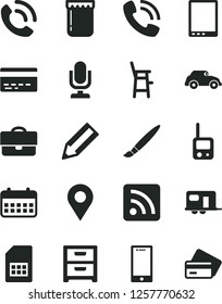 Solid Black Vector Icon Set - tassel vector, desktop microphone, bank card, rss feed, toy phone, a chair for feeding child, smartphone, nightstand, call, jam, retro car, SIM, location, portfolio