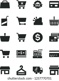 Solid Black Vector Icon Set - grocery basket vector, bank card, e, cart, crossed, cards, hanger, stall, shopping, reverse side of a, dollar, cash, hand bag, Express delivery, machine, cashbox, sale