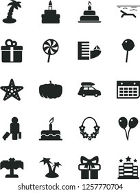 Solid Black Vector Icon Set - colored air balloons vector, cake, birthday, gift, Chupa Chups, lollipop, pumpkin, wall calendar, car baggage, passenger, hotel, beach, palm tree, hawaii wreath