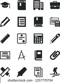 Solid Black Vector Icon Set - briefcase vector, graphite pencil, yardstick, book, new abacus, e, buildings, writing accessories, calculation, square academic hat, clip, scribed compasses, patente