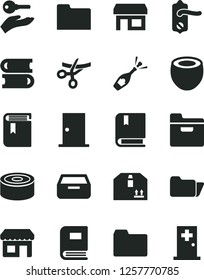Solid Black Vector Icon Set - folder vector, book, e, books, door knob, ntrance, drawer, cardboard box, canned goods, half of coconut, kiosk, stall, arm with key, grand opening, champagne