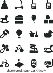 Solid Black Vector Icon Set - beanbag vector, baby rattle, duckling, stacking toy, roly poly doll, phone, mobile, sand set, yule, rocking horse, small, cubes for children, balloon, child bicycle