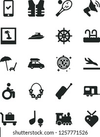 Solid Black Vector Icon Set - train vector, car baggage, camper, phone registration, rolling case, arrival, arnchair under umbrella, hawaii wreath, disco ball, pool, disabled, photo, tennis, golf