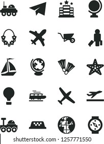 Solid Black Vector Icon Set - paper airplane vector, building trolley, globe, planet, lunar rover, plane, train, sail boat, taxi, air balloon, passenger, departure, hawaii wreath, starfish, flippers