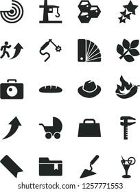 Solid Black Vector Icon Set - bookmark vector, hat, folder, baby stroller, building trowel, color samples, camera, loaf, honeycombs, hot pepper, tower crane, gas welding, calipers, hand bag, radar