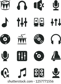Solid Black Vector Icon Set - bell vector, desktop microphone, silent mode, drumroll, drum, headphones, music, CD, regulator, no sound, pc speaker, note, settings