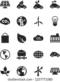 Solid Black Vector Icon Set - sign of the planet vector, paper bag, solar panel, leaves, leaf, windmill, wind energy, Earth, bulb, hydroelectricity, eco car, environmentally friendly transport, CO2