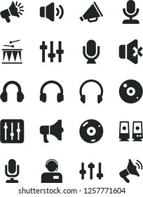 Solid Black Vector Icon Set - desktop microphone vector, horn, drumroll, headphones, regulator, volume, no sound, operator, megaphone, loudspeaker, cd, pc speaker, settings
