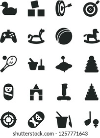 Solid Black Vector Icon Set - rubber duck vector, bath ball, stacking rings, toy, roly poly doll, tumbler, sand set, children's, yule, rocking horse, small, cubes for children, box of bricks, target