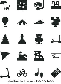 Solid Black Vector Icon Set - stacking toy vector, small teddy bear, Kick scooter, child, Puzzle, Puzzles, pawn, air balloon, hang glider, bike, tent, beach, arnchair under umbrella, pool, aquapark