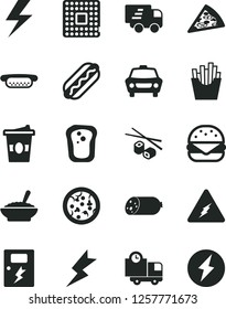 Solid Black Vector Icon Set - lightning vector, dangers, car, delivery, sausage, pizza, piece of, Hot Dog, mini, big burger, a bowl buckwheat porridge, French fries, Chinese chopsticks, coffe to go