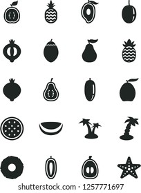Solid Black Vector Icon Set - a pineapple vector, medlar, half of, mango, loquat, date fruit, passion, sweet, tamarillo, guawa, piece coconut, slice, ripe guava, part, palm tree, starfish