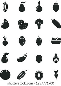 Solid Black Vector Icon Set - lettuce in a plate vector, cucumber, beet, pineapple, pear, raspberry, mulberry, delicious plum, passion fruit, sweet date, yellow lemon, tamarillo, grapefruit, onion