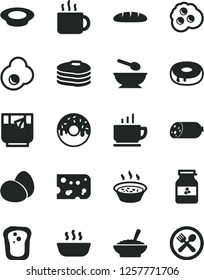 Solid Black Vector Icon Set - deep plate with a spoon vector, coffee, sausage, piece of cheese, eggs, loaf, cake hole, glazed, bowl buckwheat porridge, in saucepan, hot, milk, cup tea, glass, cafe