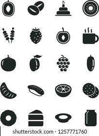 Solid Black Vector Icon Set - birthday cake vector, fried vegetables on sticks, piece of, a plate milk, coffee beans, japanese sushi, cup tea, biscuit, large grape, tasty raspberry, delicious plum