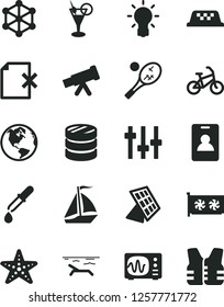 Solid Black Vector Icon Set - delete page vector, column of coins, gpu card, telescope, bulb, settings, pipette, oscilloscope, sun panel, 3d cube, earth, sail boat, taxi, bike, identity, beach
