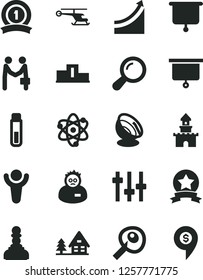 Solid Black Vector Icon Set - test tube vector, atom, zoom, settings, scientist, artifical insimination, satellite antenna, presentation board, winner, pedestal, pawn, growth graph, medal ribbon