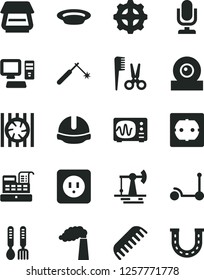 Solid Black Vector Icon Set - desktop microphone vector, accessories for a hairstyle, comb, iron fork spoons, Kick scooter, power socket type b, f, construction helmet, plate, working oil derrick