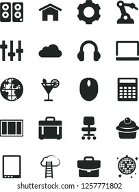 Solid Black Vector Icon Set - window frame vector, home, case, suitcase, muffin, cocktail, robot welder, planet, tablet pc, notebook, mouse, headphones, speaker, chair, settings, cloud, calculator