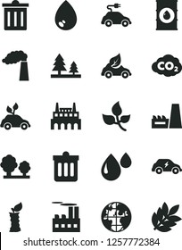 Solid Black Vector Icon Set - bin vector, dust, drop, apple stub, leaves, manufacture, oil, trees, forest, industrial building, thermal power plant, factory, eco car, electric, carbon dyoxide