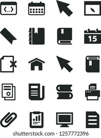 Solid Black Vector Icon Set - monitor window vector, bookmark, book, e, books, home, calendar, notebook, delete page, clip, statistical report, scientific publication, newspaper, printer, browser