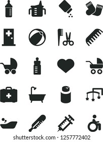 Solid Black Vector Icon Set - heart symbol vector, toys over the cot, measuring cup for feeding, bottle, powder, baby, stroller, carriage, mercury thermometer, bath ball, children's bathroom, comb