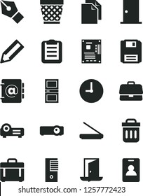 Solid Black Vector Icon Set - wicker pot vector, clean paper, ntrance door, interroom, wall clock, case, address book, briefcase, pencil, pc tower, motherboard, scanner, trash bin, floppy, projector