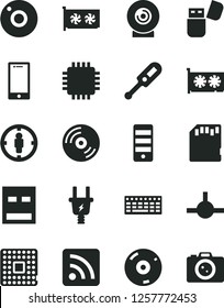 Solid Black Vector Icon Set - camera vector, rss feed, electronic thermometer e, CD, smartphone, lens, electric plug, processor, goal woman, keyboard, pc tower, cpu, gpu card, usb, flash, connect