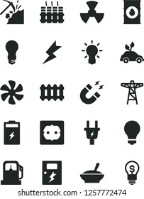 Solid Black Vector Icon Set - matte light bulb vector, power socket type f, lightning, dangers, radiator, new, a bowl of buckwheat porridge, marine propeller, charging battery, coal mining, oil