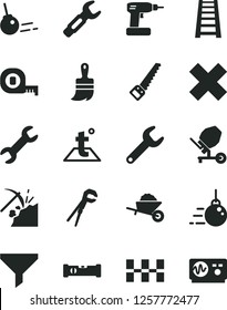 Solid Black Vector Icon Set - cross vector, big core, garden trolley, concrete mixer, adjustable wrench, cordless drill, arm saw, measuring tape, wooden paint brush, stepladder, construction level