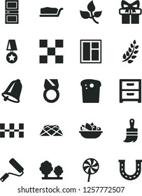 Solid Black Vector Icon Set - window vector, new roller, wooden paint brush, interroom door, tile, ceramic tiles, pavement, bell, nightstand, Easter cake, slice, a plate of fruit, lollipop, leaves