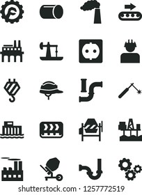 Solid Black Vector Icon Set - hook vector, concrete mixer, sewerage, helmet, star gear, commercial seaport, oil derrick, water pipes, manufacture, hydroelectric station, power socket, enterprise