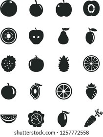 Solid Black Vector Icon Set - strawberries vector, apple, half apricot, squash, tasty, raspberry, mango, of, water melon slice, tangerine, plum, lemon, juicy, kiwi, orange, ripe pineapple, guava