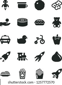 Solid Black Vector Icon Set - baby duckling vector, children's potty, small teddy bear, toy train, child bicycle, car, canned goods, onion, apple pie, cabbage, peper, fried potato slices, popcorn