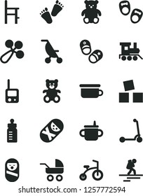 Solid Black Vector Icon Set - mug for feeding vector, bottle, baby rattle, carriage, summer stroller, roly poly doll, tumbler, toy phone, children's potty, a chair, teddy bear, small, train, tracks