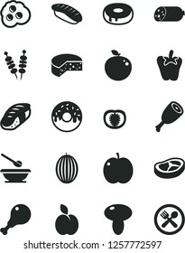 Solid Black Vector Icon Set - plates and spoons vector, sausage, cheese, fried vegetables on sticks, mushroom, cake with a hole, glazed, chicken leg, thigh, bacon, peper, sushi, japanese, omelette