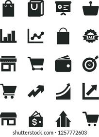 Solid Black Vector Icon Set - paper bag vector, growth up, graph, chart, negative histogram, cart, with handles, stall, shopping basket, wallet, sale, financial report, arrows, target, store