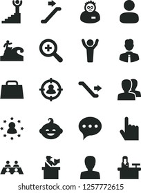 Solid Black Vector Icon Set - zoom vector, woman, women, funny hairdo, employee, index finger, speech, man, in sight, hand bag, conversation, scientist, winner stairway, hands up, stars around