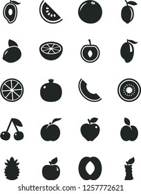 Solid Black Vector Icon Set - apple vector, cherry, ripe peach, pomegranate, apricot, red, slice of melon, water, mango, half, lemon, yellow, kiwi, pineapple, grapefruit, stub