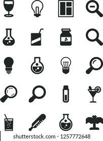 Solid Black Vector Icon Set - incandescent lamp vector, magnifier, zoom out, mercury thermometer, e, window, bulb, a glass of soda, cocktail, jar jam, round flask, test tube, restaurant