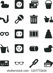 Solid Black Vector Icon Set - bin vector, beanbag, electronic thermometer e, rubber duck, baby duckling, stacking rings, toy sand set, children's, window frame, bucket, sewerage, power socket type b