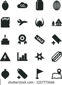 Solid Black Vector Icon Set - danger of electricity vector, add bookmark, label, pennant, negative histogram, Hot Dog, birthday cake, medlar, melon, tamarillo, physalis, CO2, jar, season sale, medal